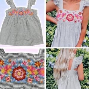 SAVANNA JANE Striped Floral Embroidered Square Neck Flutter Sleeve Top Sz Medium